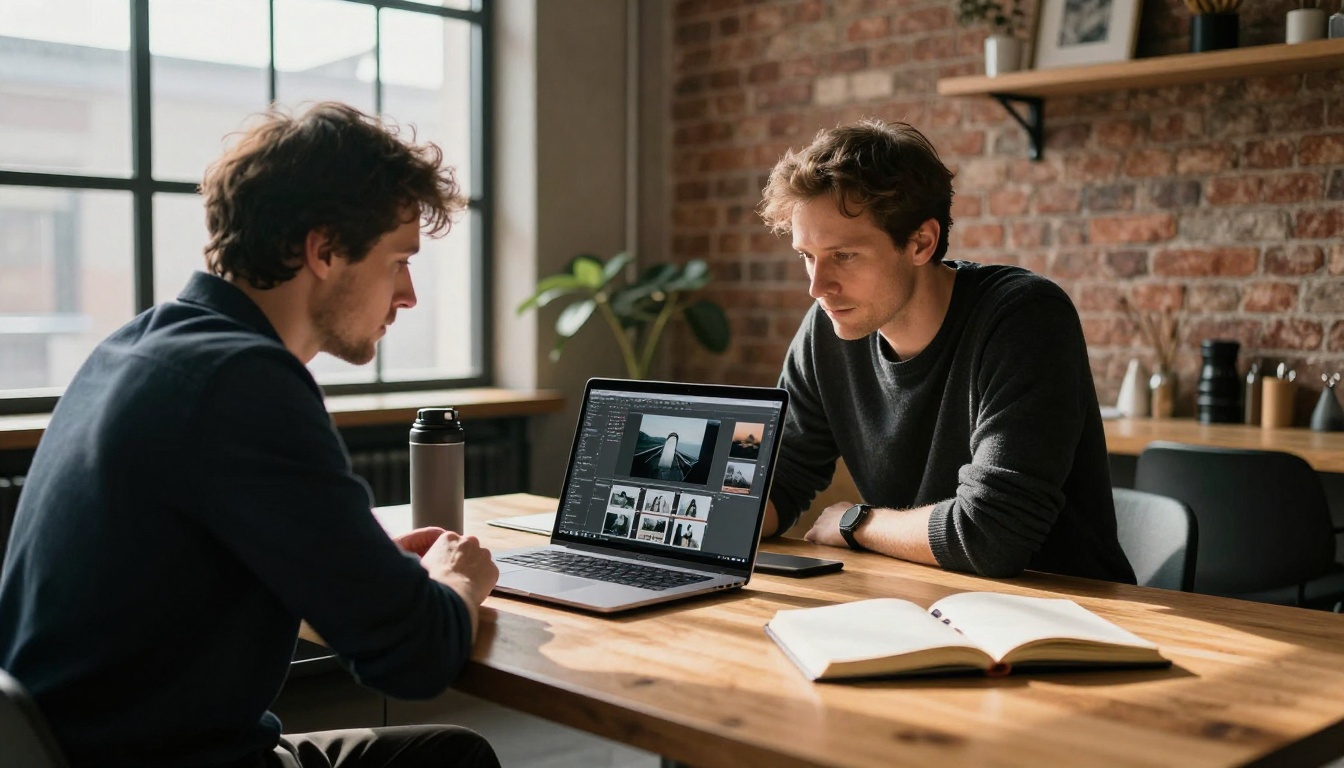 A creative professional leaning over a laptop at a wooden co-working table with warm brick wall background, design workflow visible on screen
