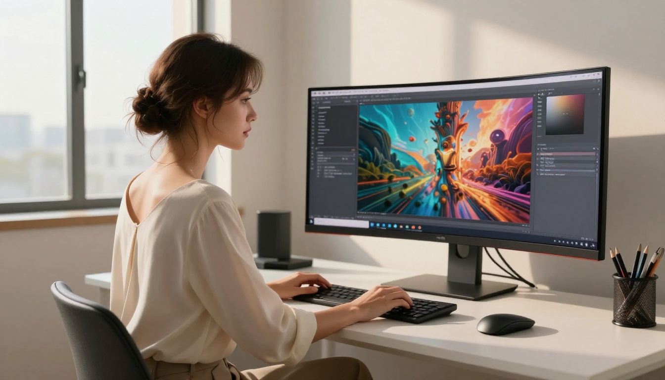 Woman working at ultrawide monitor displaying AI-generated imagery Woman working at ultrawide monitor displaying AI-generated imagery