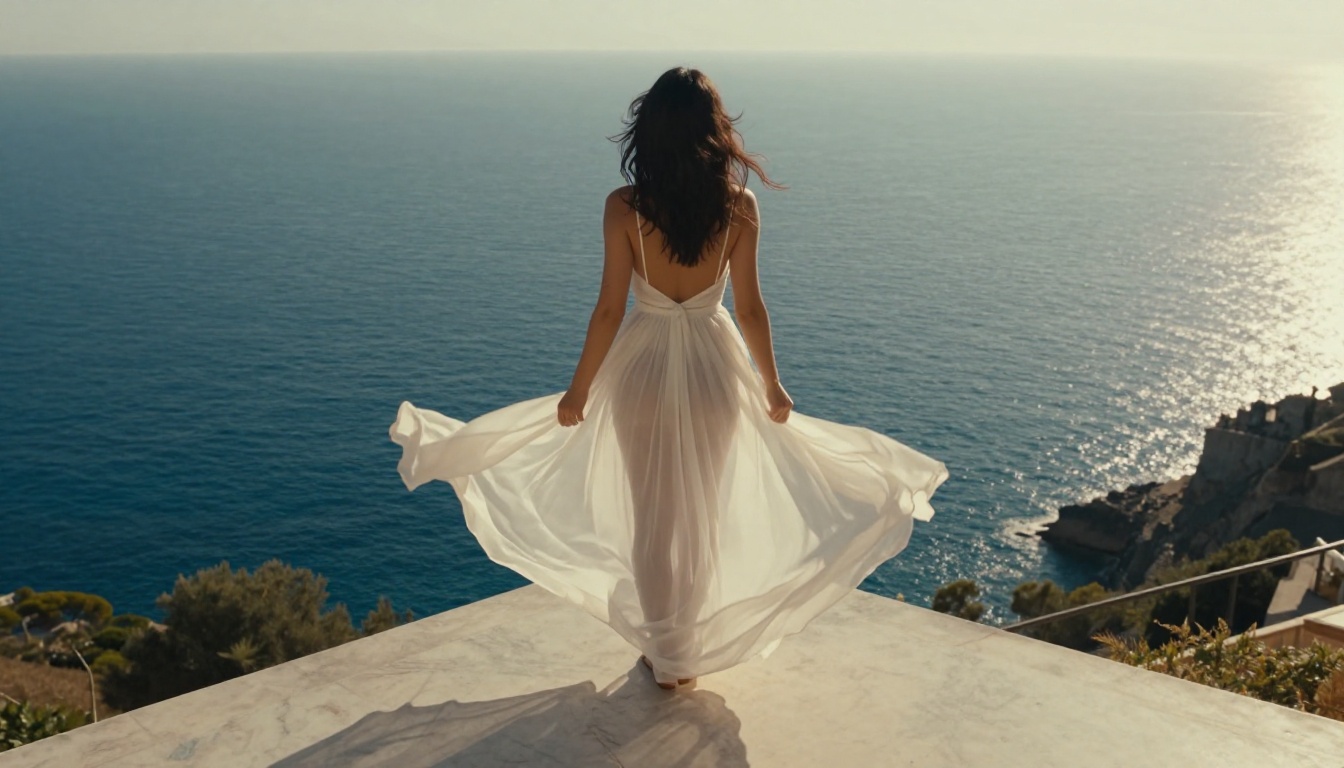 Woman in sheer white dress on Mediterranean balcony overlooking the sea Woman in sheer white dress on Mediterranean balcony overlooking the sea