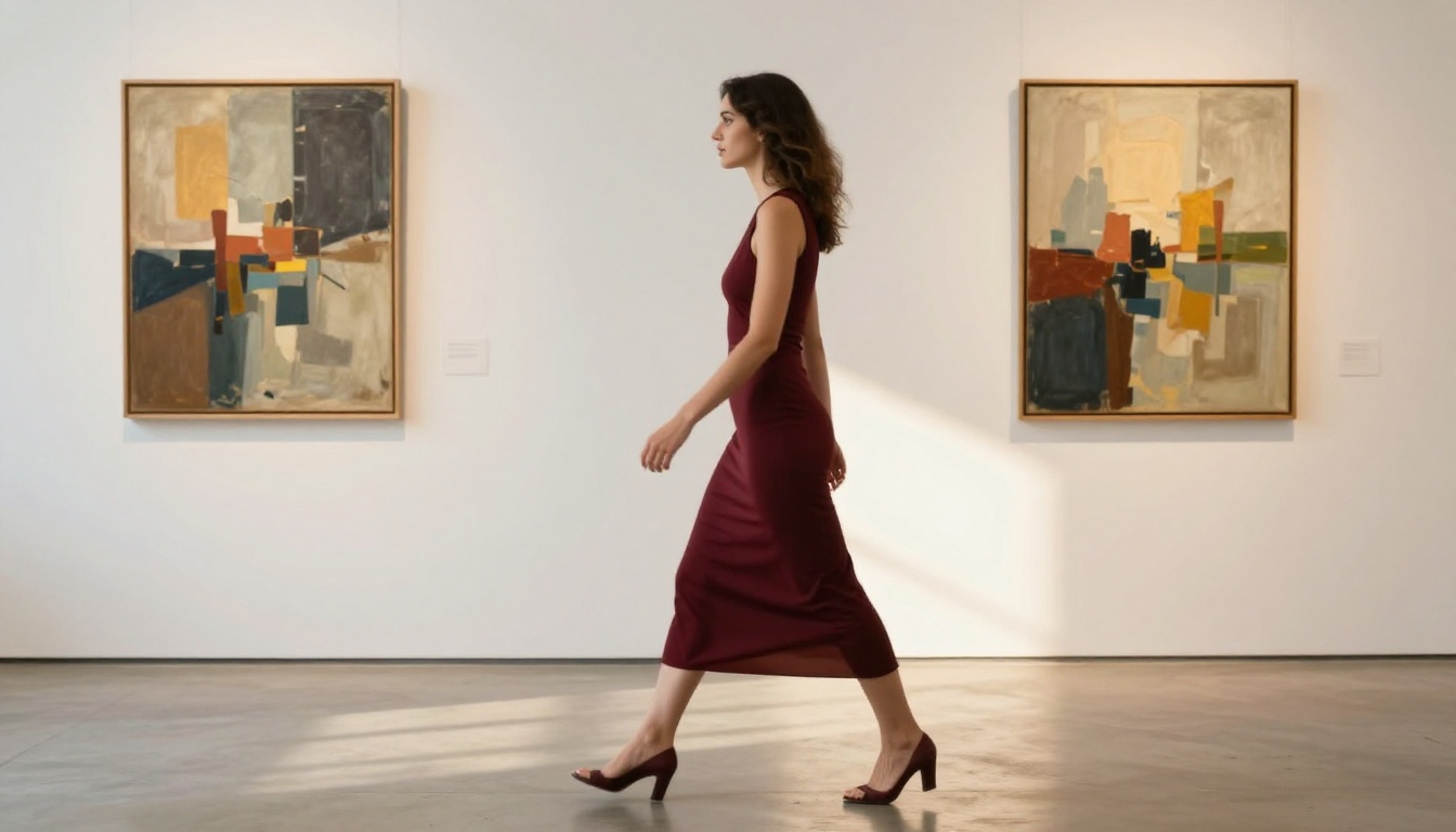 Woman walking through sun-drenched art gallery in burgundy dress Woman walking through sun-drenched art gallery in burgundy dress
