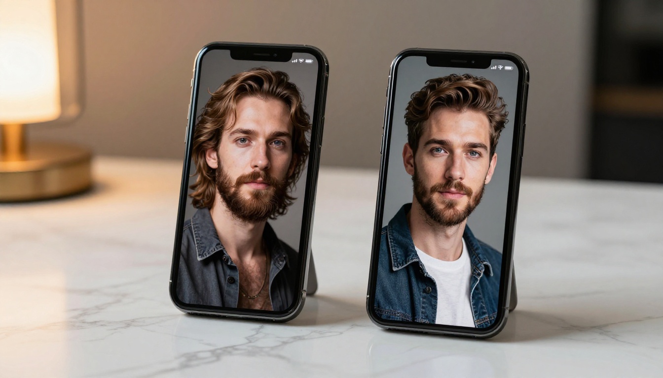 Smartphones showing comparison between lower and ultra-detailed AI portrait outputs Smartphones showing comparison between lower and ultra-detailed AI portrait outputs