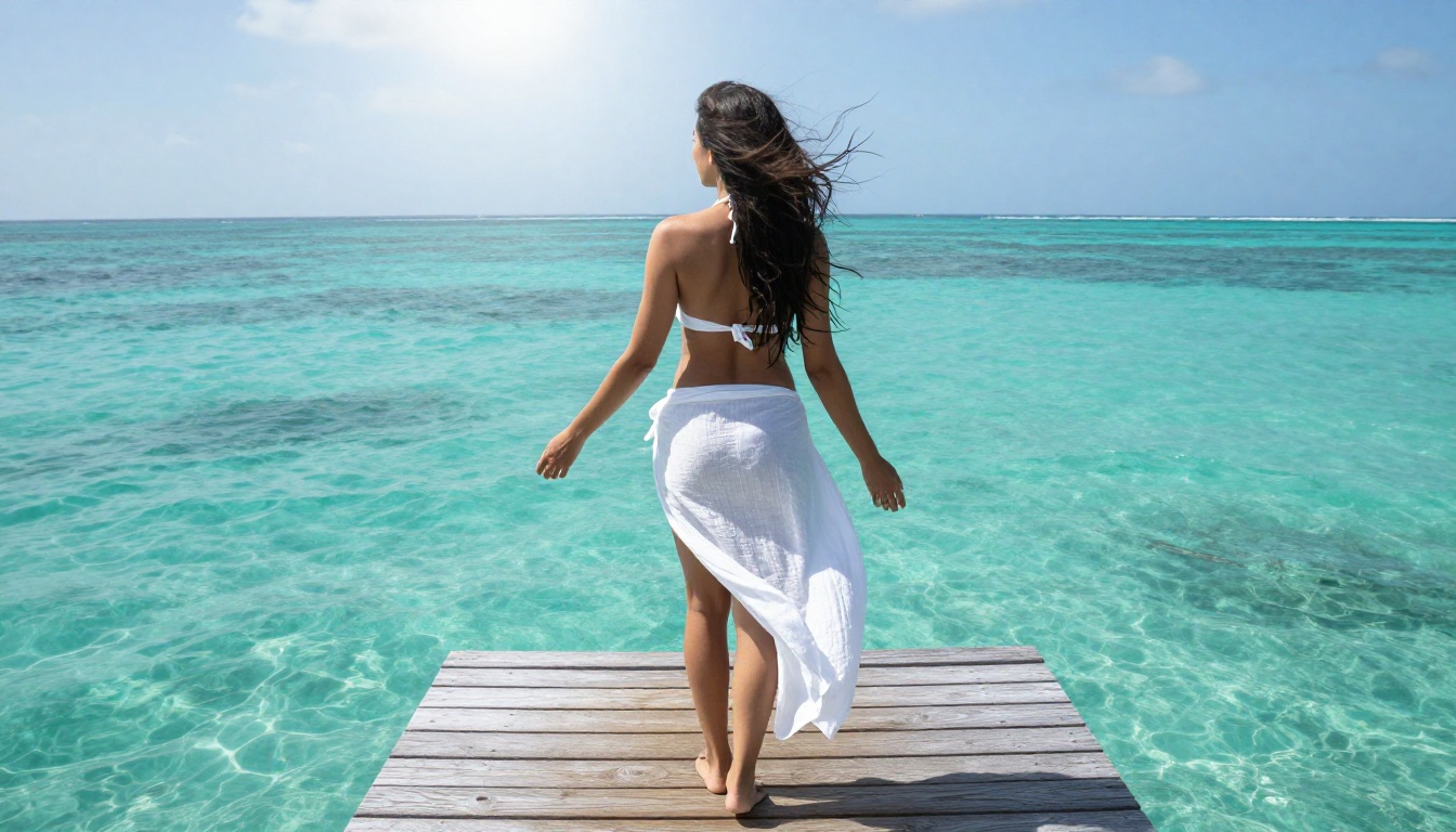 Woman on sun-bleached wooden pier over turquoise Caribbean water Woman on sun-bleached wooden pier over turquoise Caribbean water