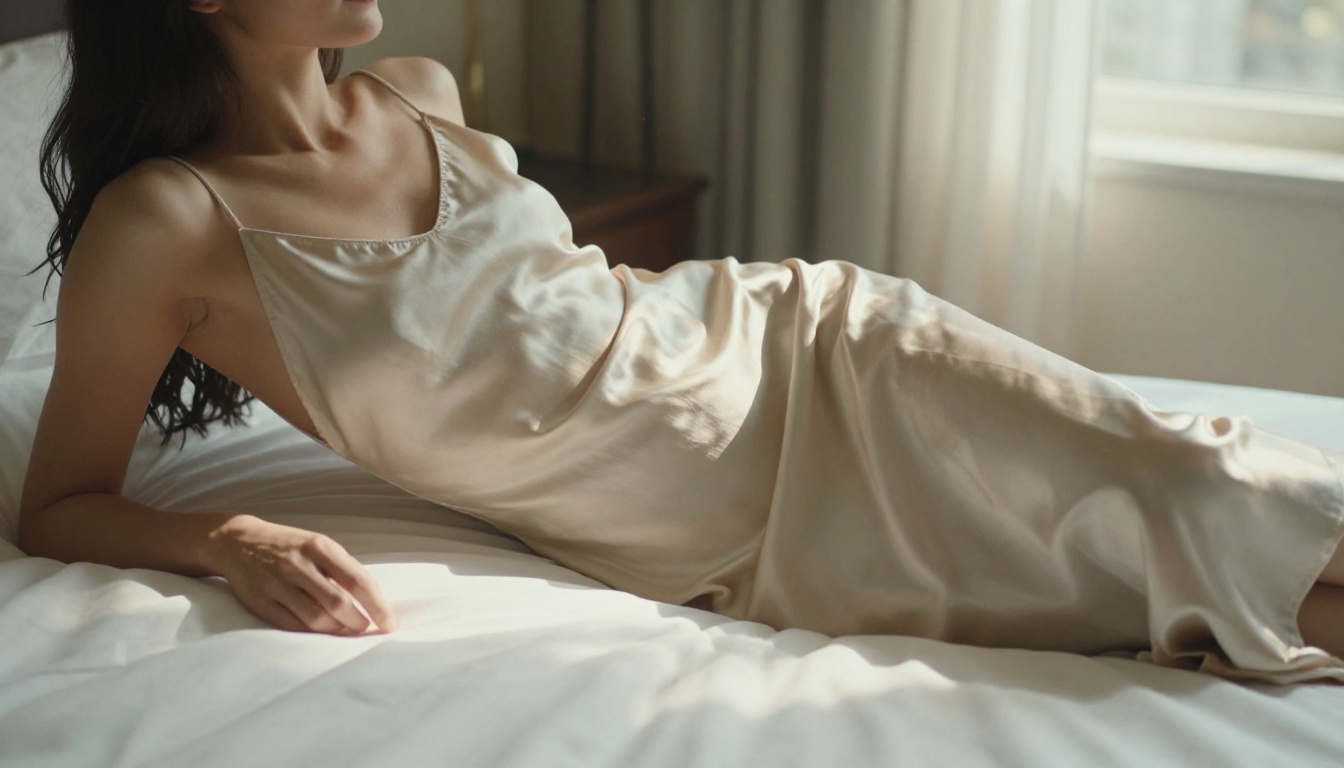A woman reclining on white hotel linen in a silk dress with soft afternoon window light