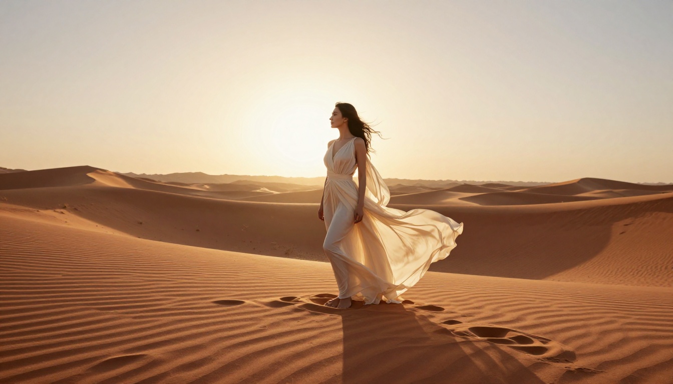 A woman in a flowing ivory garment standing in a Sahara desert at sunrise with dramatic golden side lighting