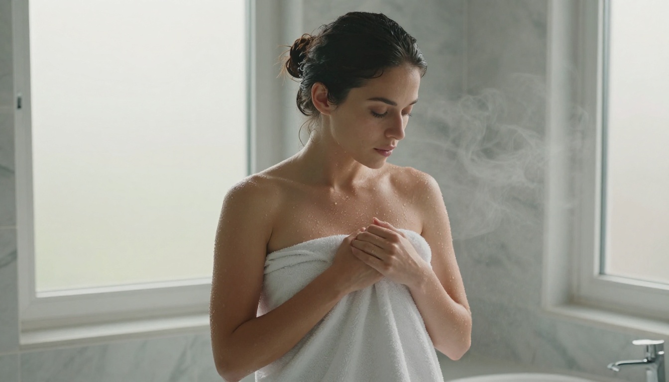 A woman in a marble bathroom wearing a white towel, water droplets on her shoulders, morning steam in the air