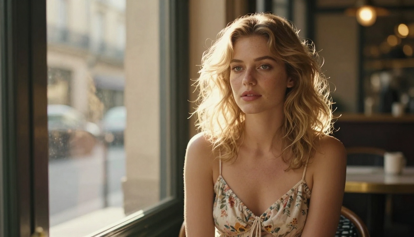 Woman sitting in a sunlit Parisian cafe window seat with golden morning light on her hair