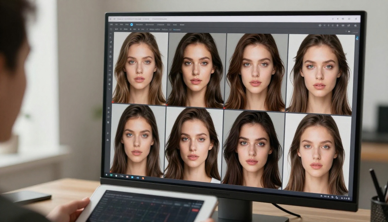 AI-generated portrait quality comparison on a high-resolution monitor held by a content creator
