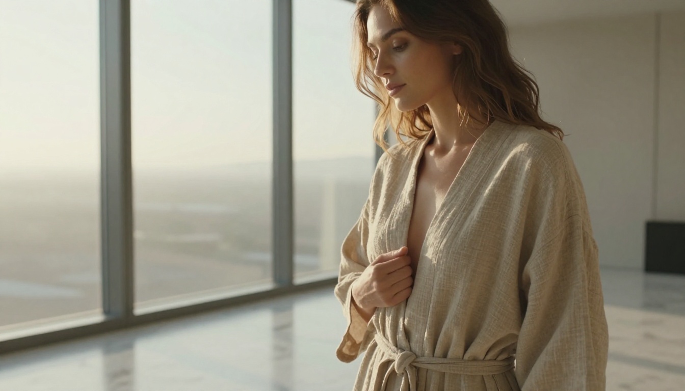 Woman in minimalist luxury hotel room near floor-to-ceiling window, natural linen robe, morning rim light, photorealistic RAW photography