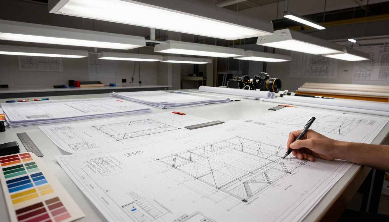 Overhead view of a professional print studio with architectural blueprints and vector design sheets