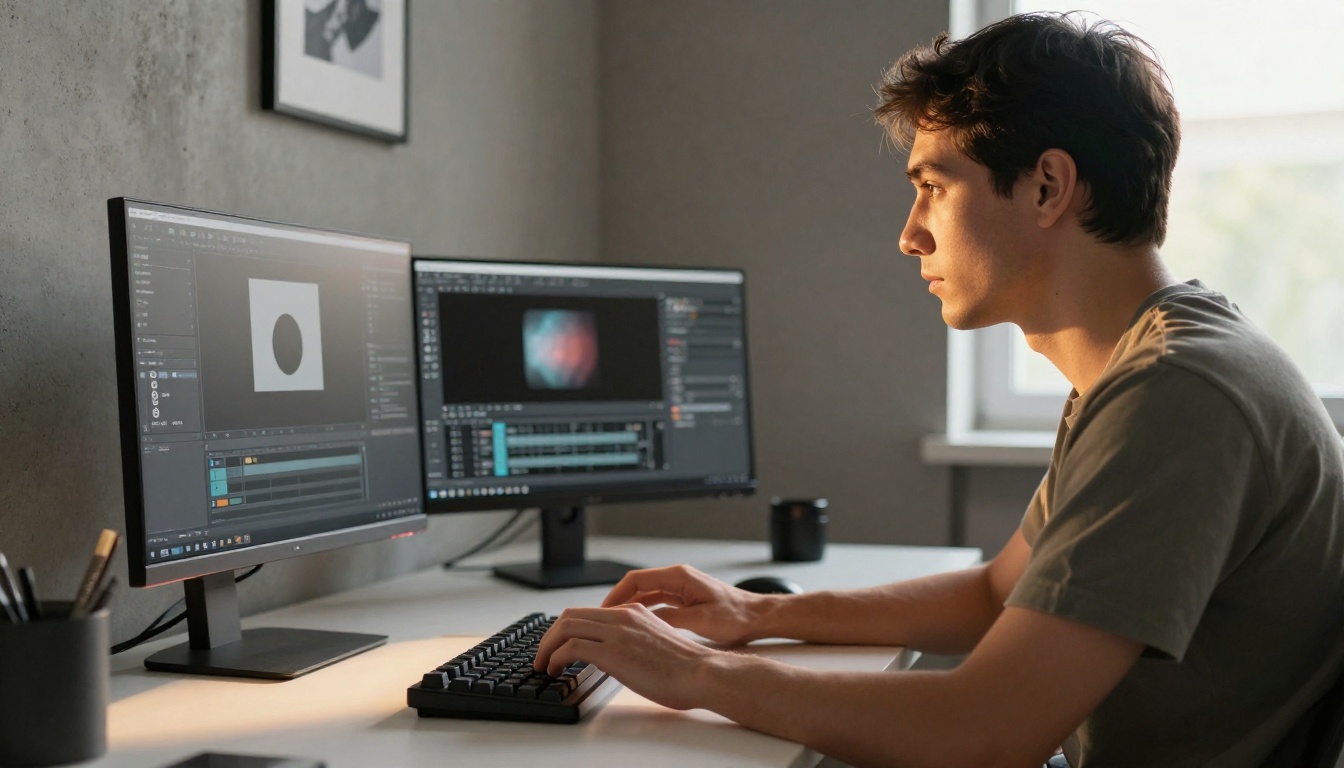 Side profile of a creative professional working at a vector editing workstation with natural window light