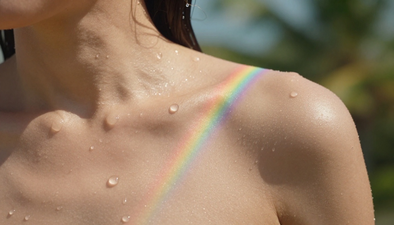 Extreme close-up of woman's bare shoulders and neck, water droplets refracting light into rainbow spectrums, visible skin pore detail, 100mm macro lens, olive undertones