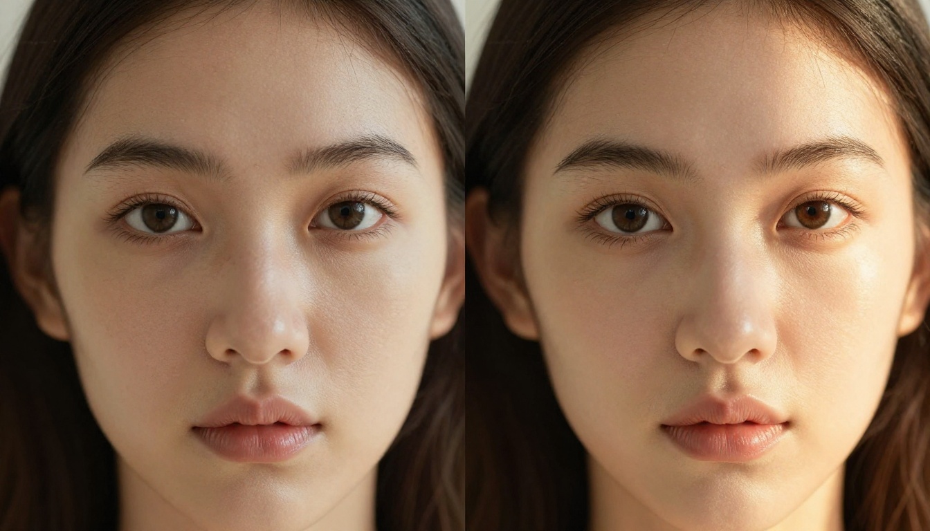 Portrait retouching side-by-side showing AI skin refinement results