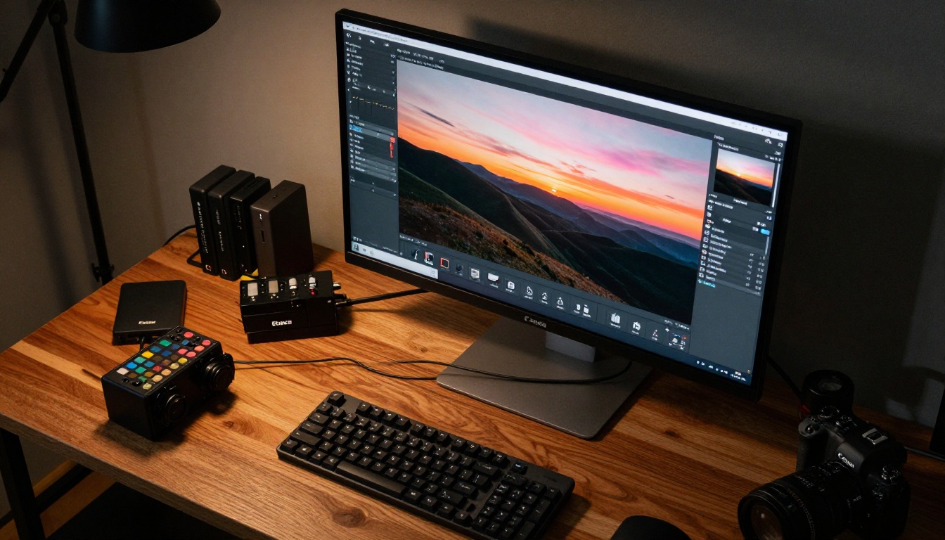 Aerial flat-lay of photographer's desk with landscape photo being color-graded on screen