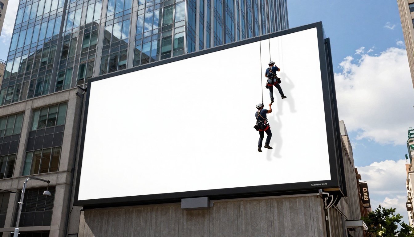 Low-angle view of a large format graphic being installed on a city building exterior by workers in safety harnesses