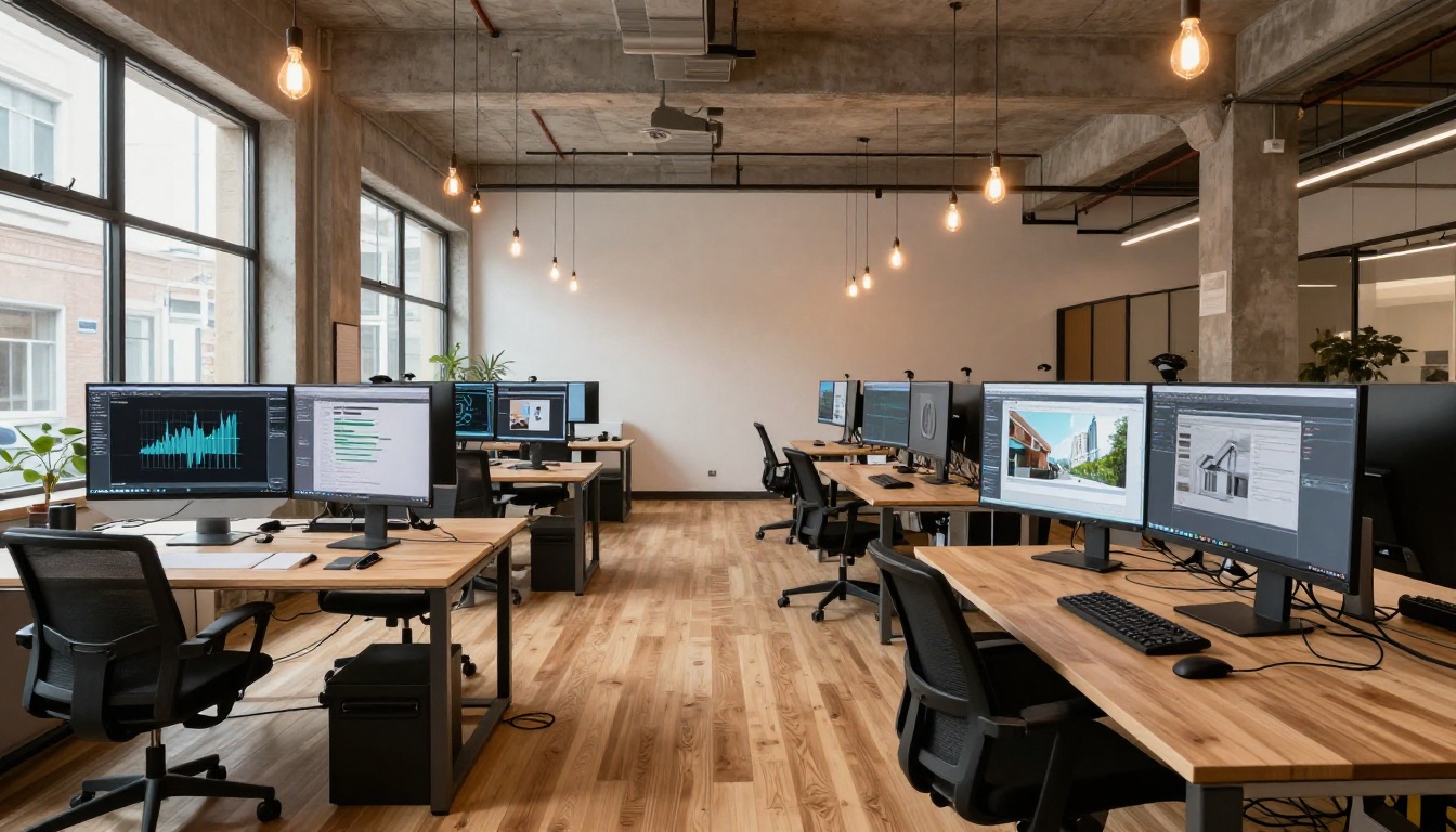 Interior of a modern design agency with rows of creatives working at vector-editing workstations