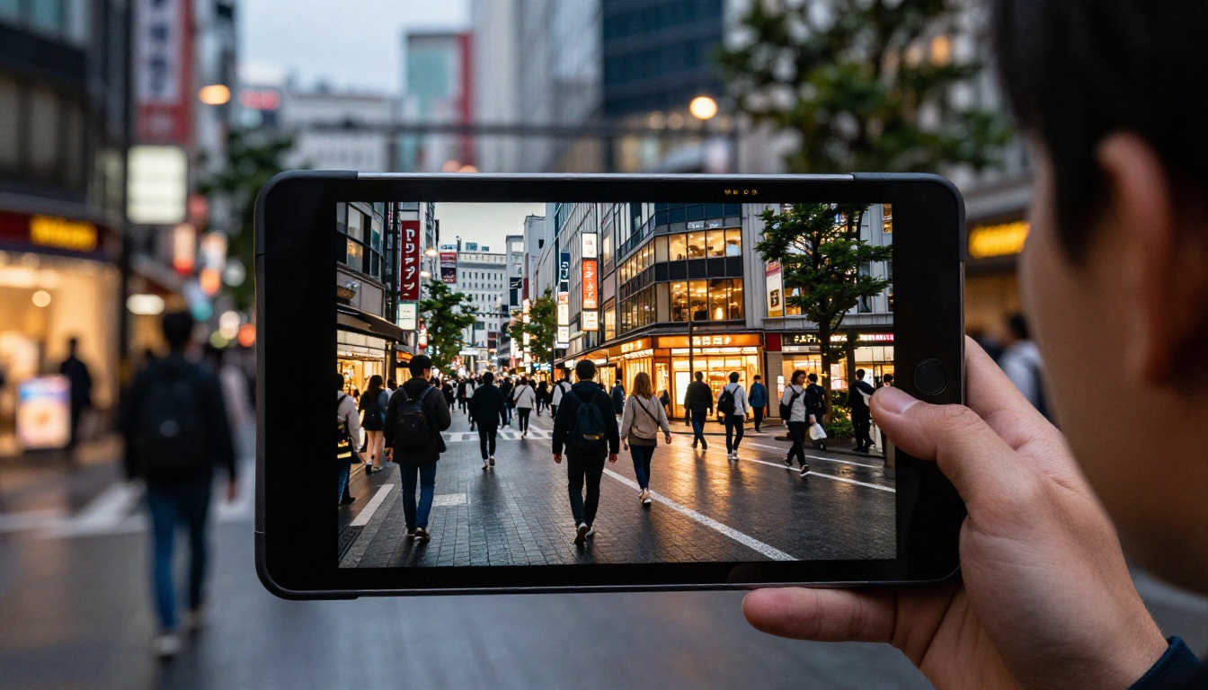 Young man on city street holding tablet showing AI-edited Tokyo street scene with vivid colors