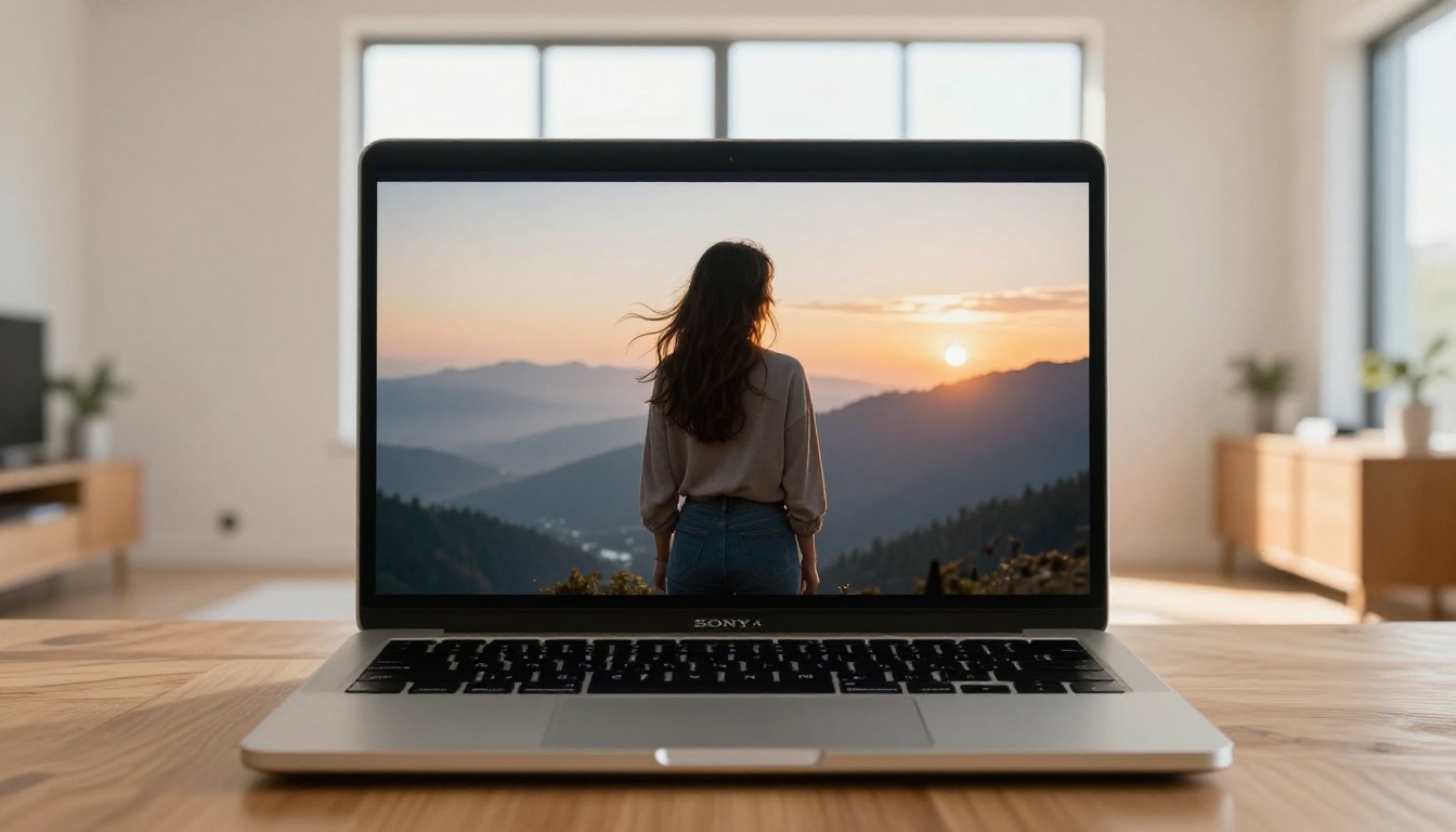 Low-angle view of laptop screen showing background replacement edit with mountain vista