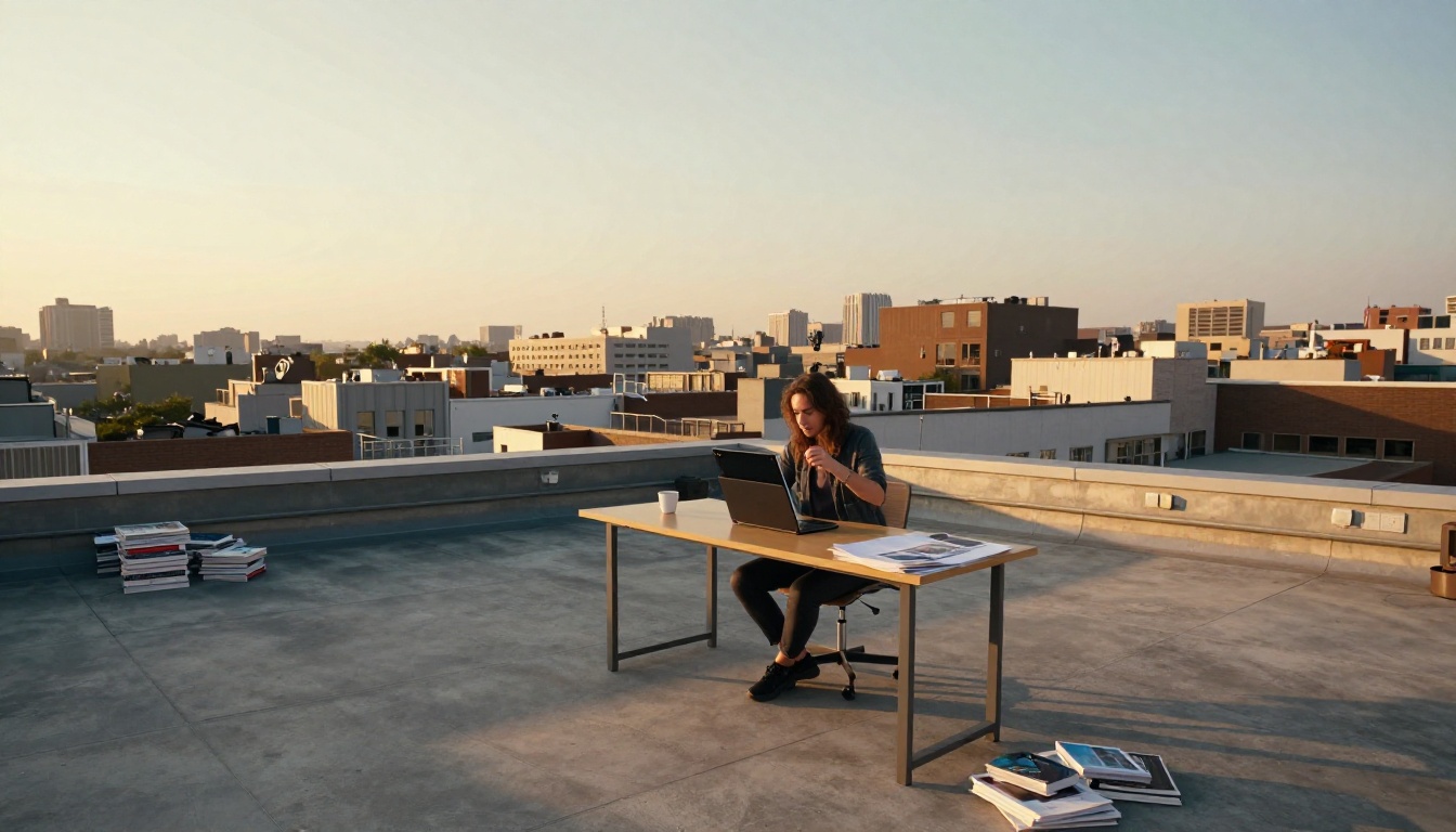 Aerial shot of a creative professional working outdoors at a rooftop studio workspace with urban skyline