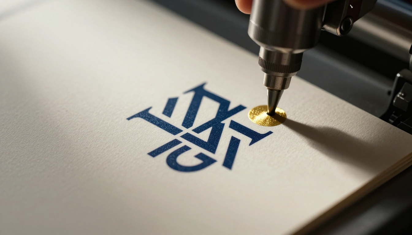 Close-up macro shot of precision ink application on heavyweight cream business card stock with a clean vector logo