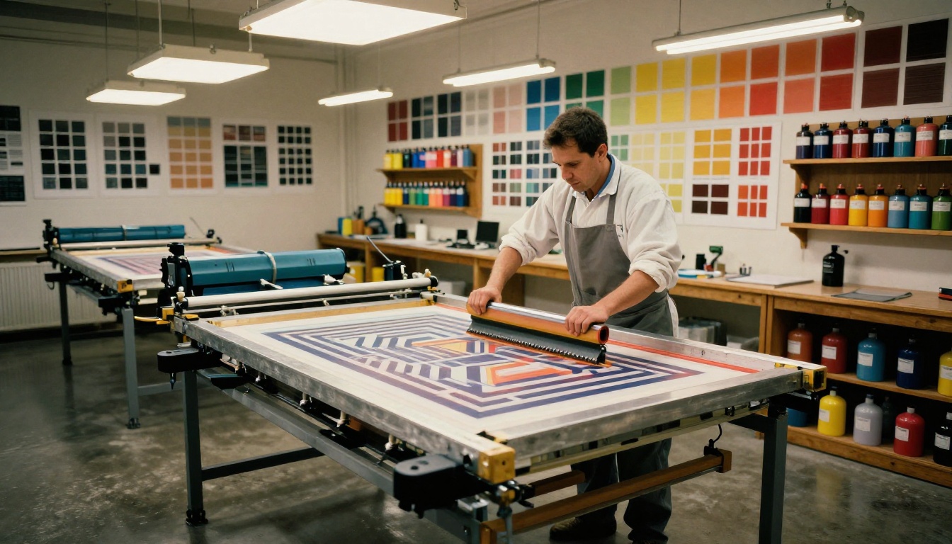 Wide establishing shot of a professional screen printing workshop with geometric vector artwork stretched on a frame
