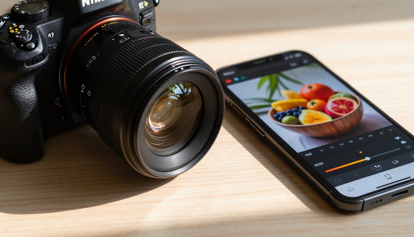 Close-up of professional DSLR lens next to smartphone displaying AI photo editing color interface