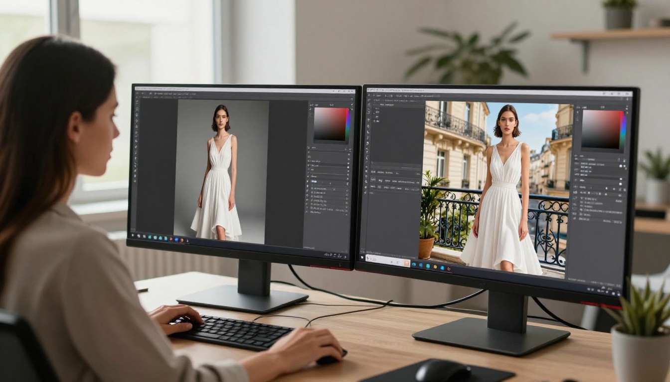 Creative professional at dual monitors comparing raw fashion portrait to AI-edited version with replaced background