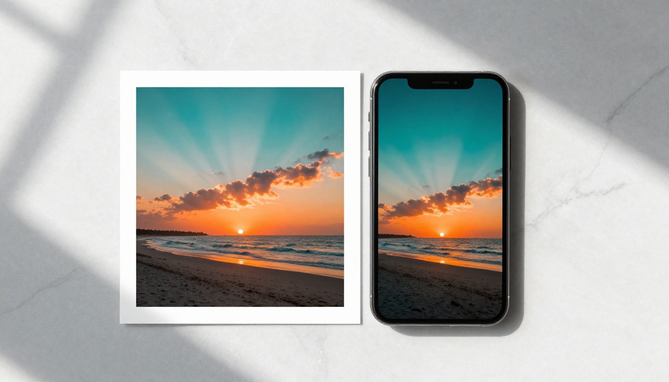 Flat lay comparison of printed beach photo next to smartphone showing vivid AI-enhanced digital version