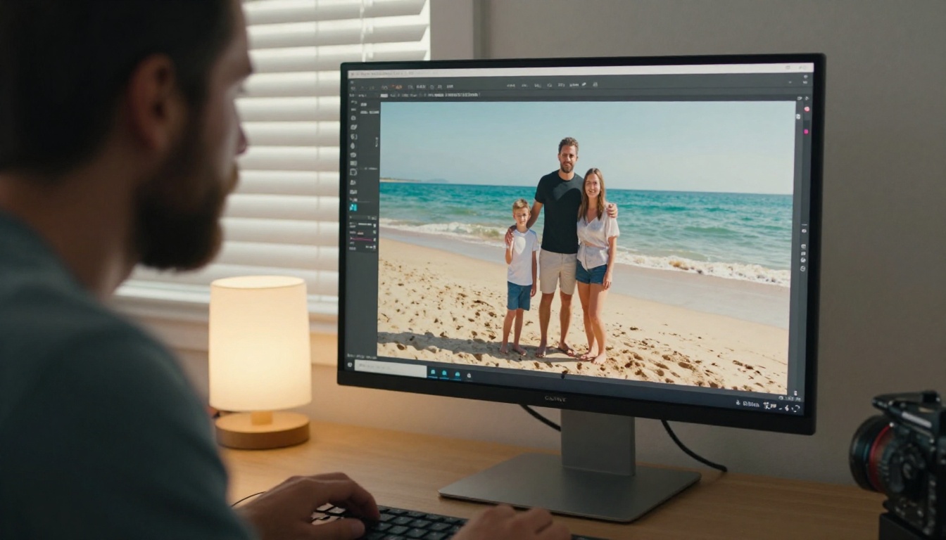 Bearded man at computer monitor doing object removal on a beach family photo with AI editor
