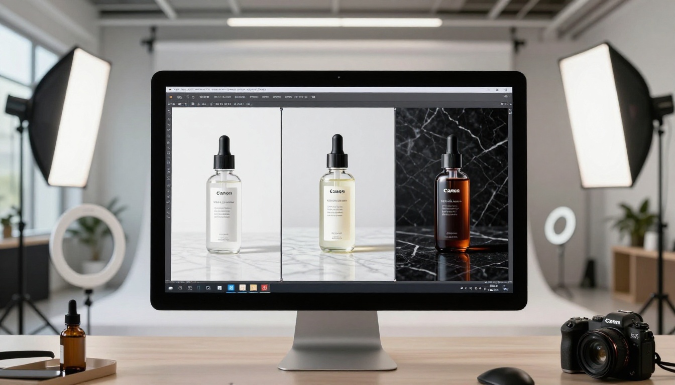 Commercial photographer reviewing AI-edited skincare product photos on iMac in professional photography studio