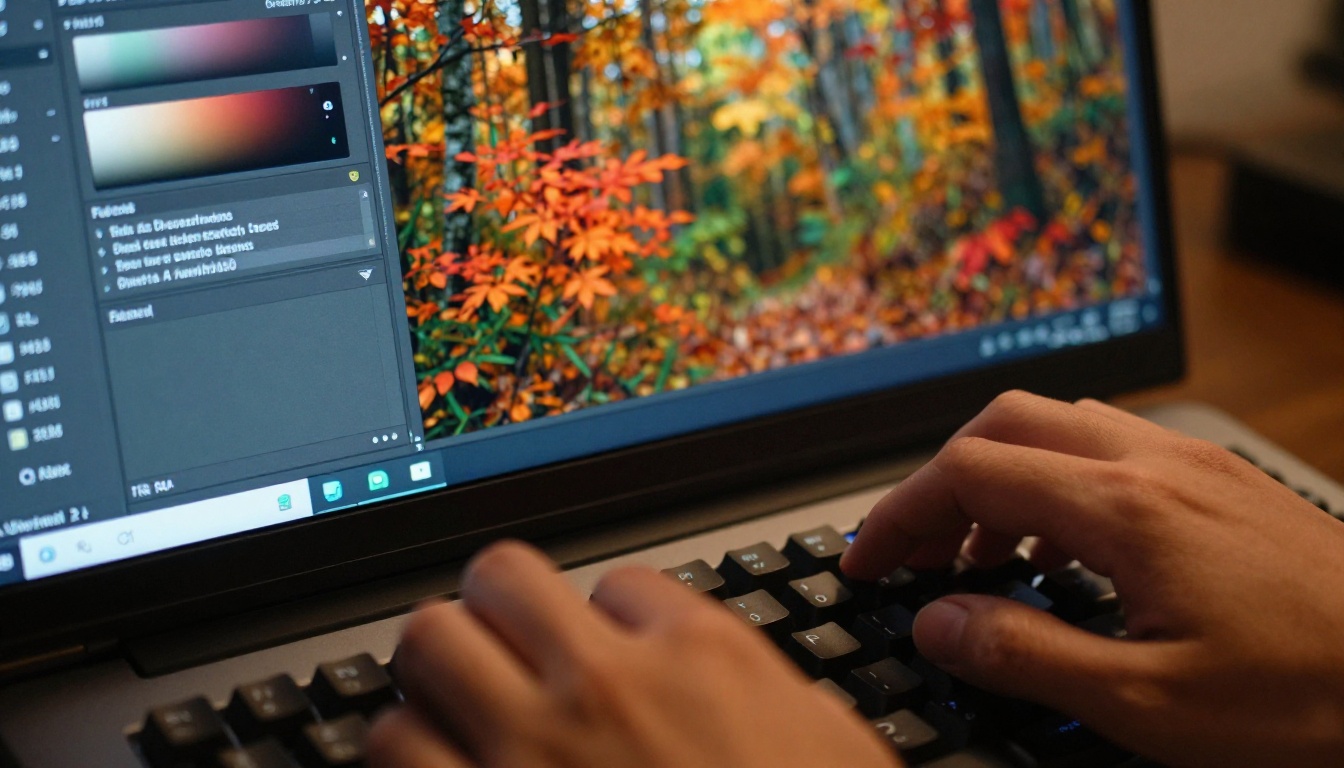Close-up of fingers on mechanical keyboard with AI color editing reflected on key surfaces
