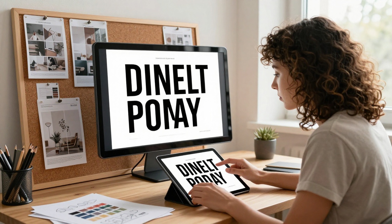 Graphic designer reviewing typography layouts on tablet at bright Scandinavian workspace