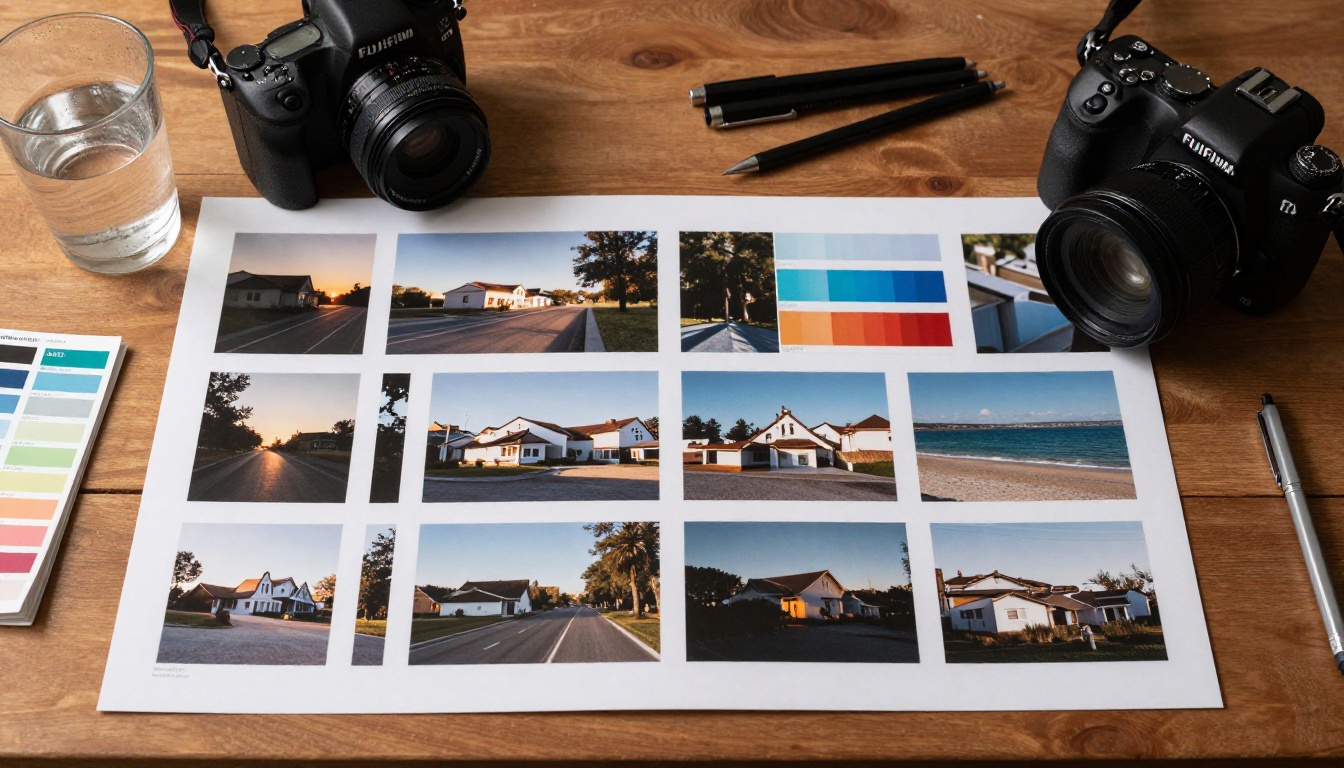 Aerial flat lay of art director's workspace with printed reference photos and professional camera