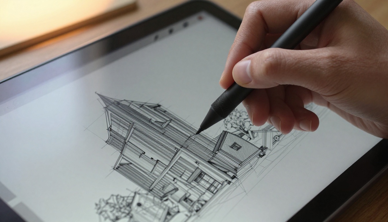 Close-up of hands with digital stylus refining architectural rendering on high-resolution display tablet