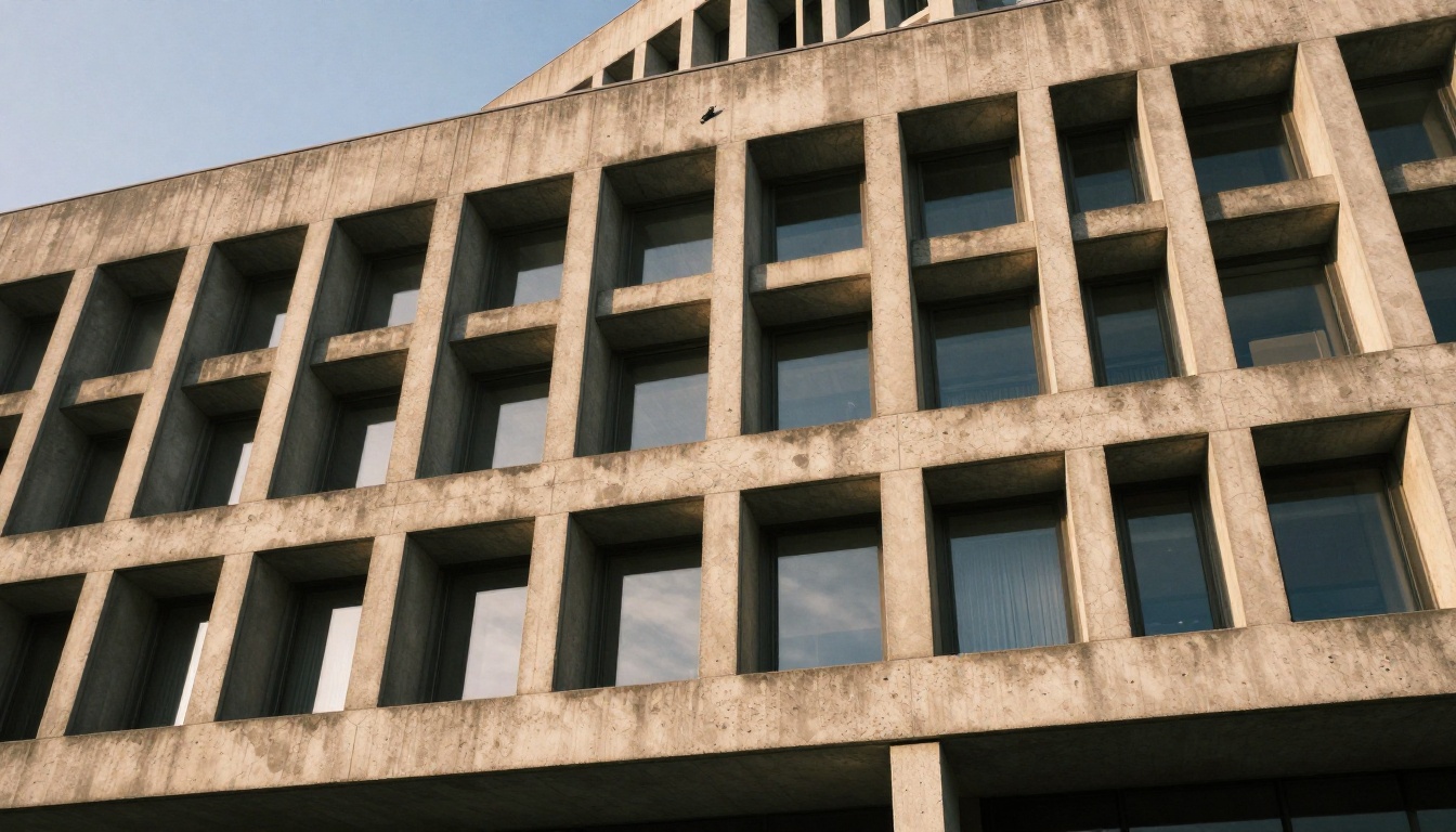 Brutalist architecture facade with precise concrete texture detail in golden hour light