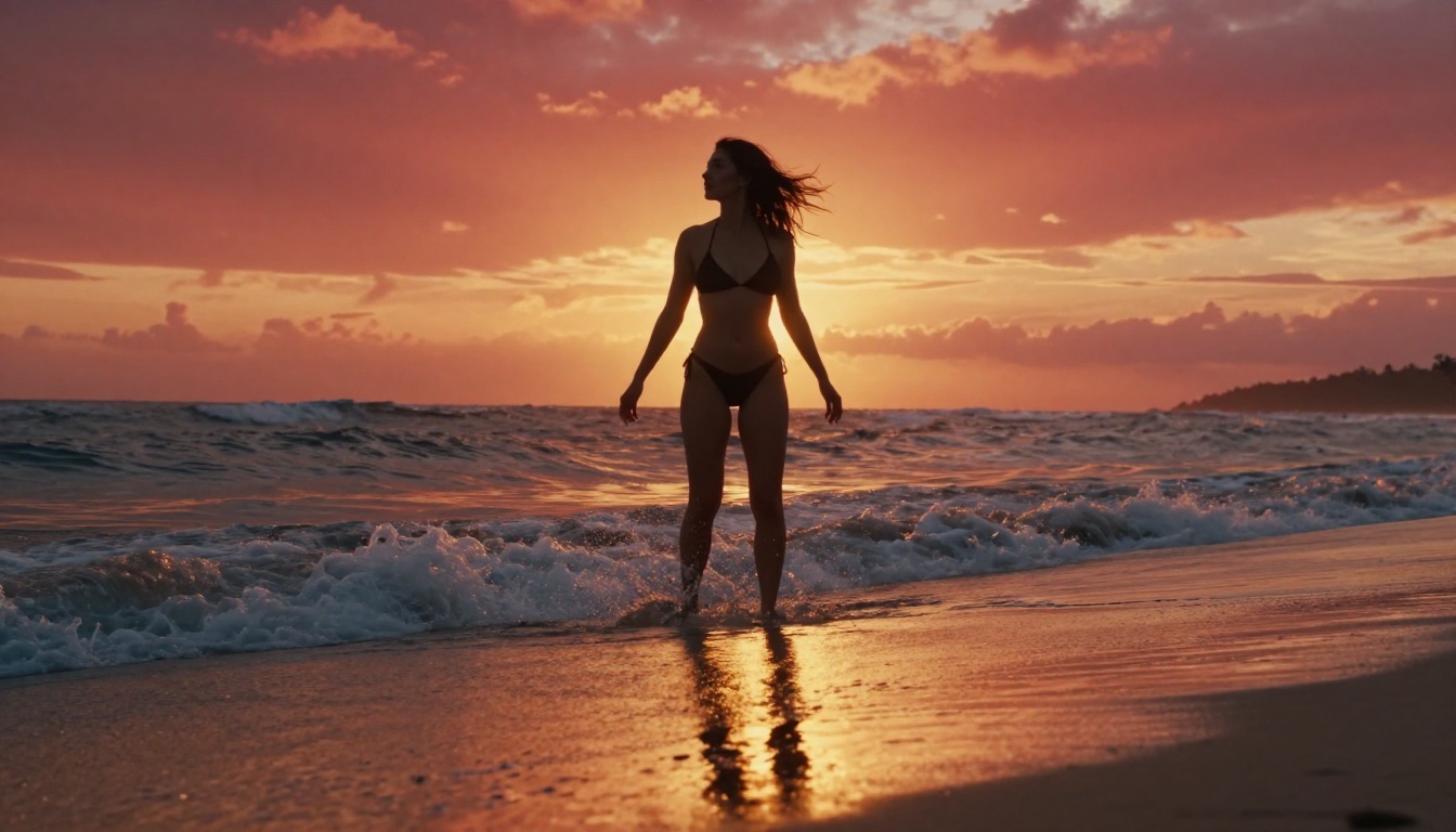 Low-angle beach shot of a woman in a black string bikini against a blazing crimson sunset, wave-washed shore, dramatic sky