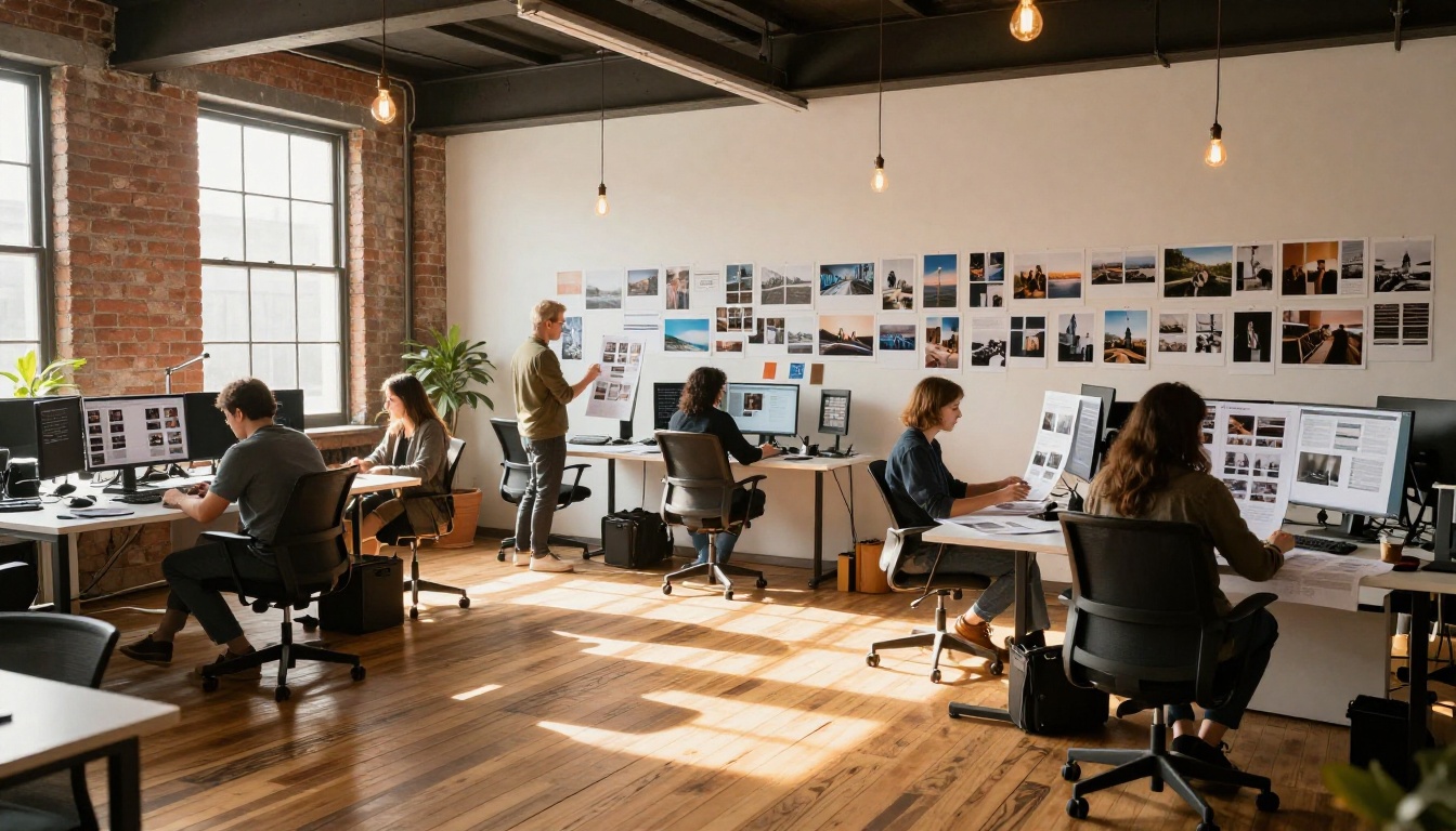 Creative agency open office with team reviewing large printed photo sheets on wall-mounted displays