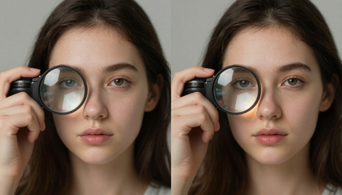 Two printed photographs side by side on a light table with a photographer's loupe for comparison
