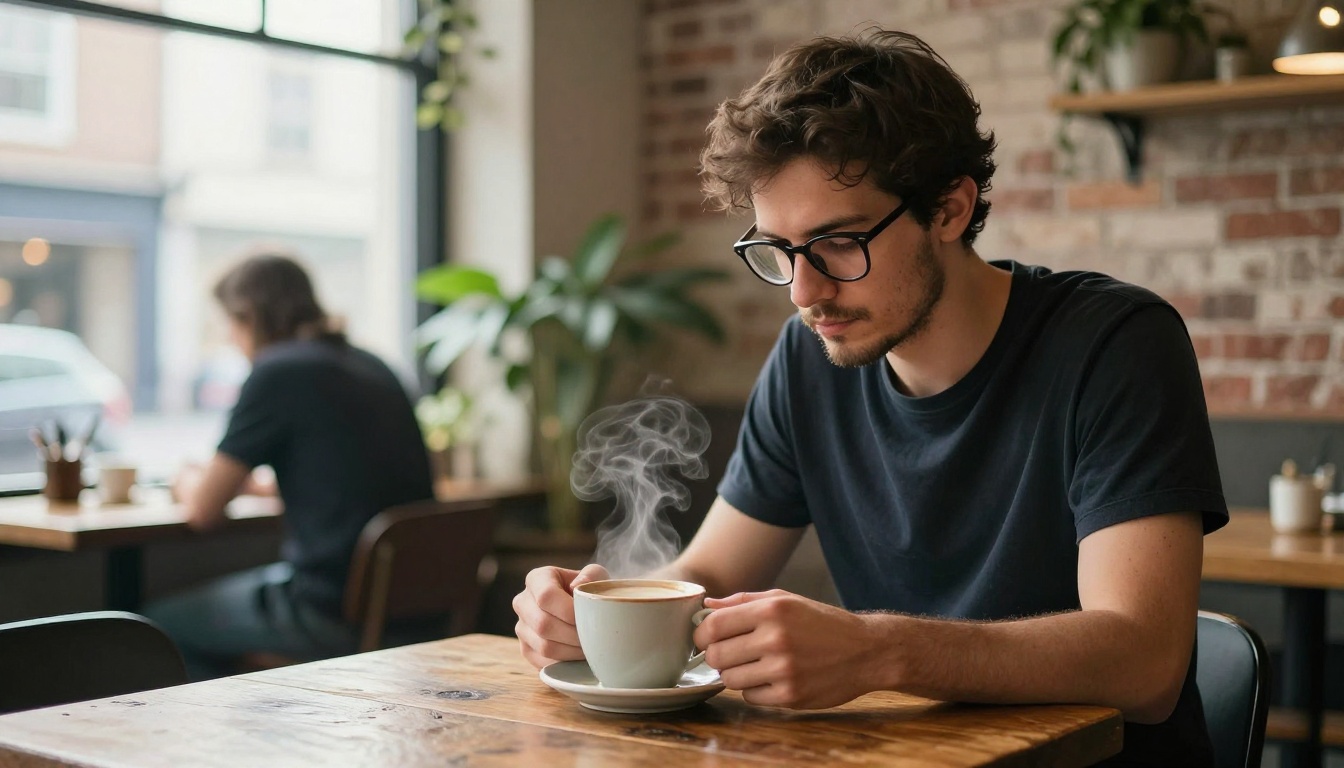 Man sitting in warmly lit cafe with AI-edited background replacing original busy street scene with calm interior