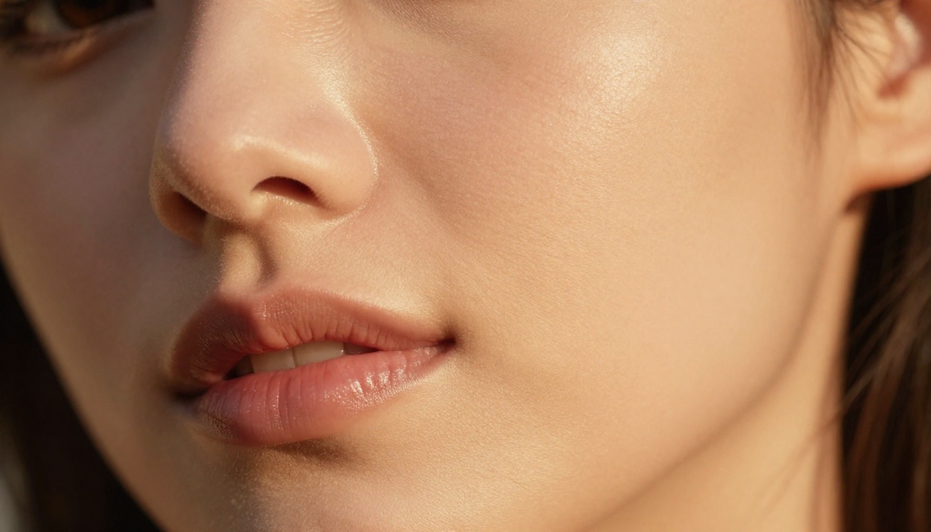 Extreme close-up beauty portrait, skin micro-texture in sharp detail, amber chiaroscuro sunlight from the right, warm analog film tone