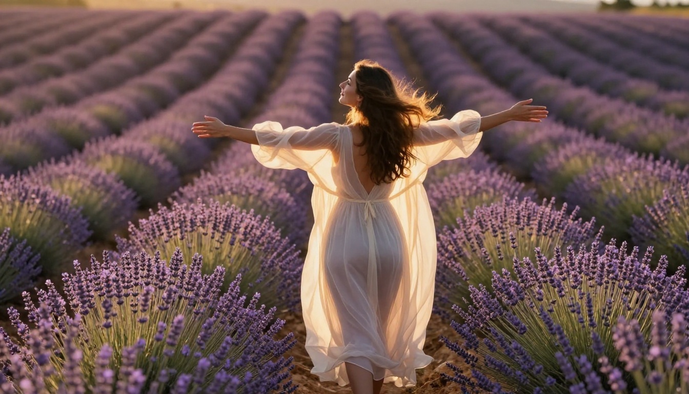 Woman in a sheer ivory dress standing in a Provence lavender field, golden hour backlight, translucent fabric glowing, warm bokeh foreground