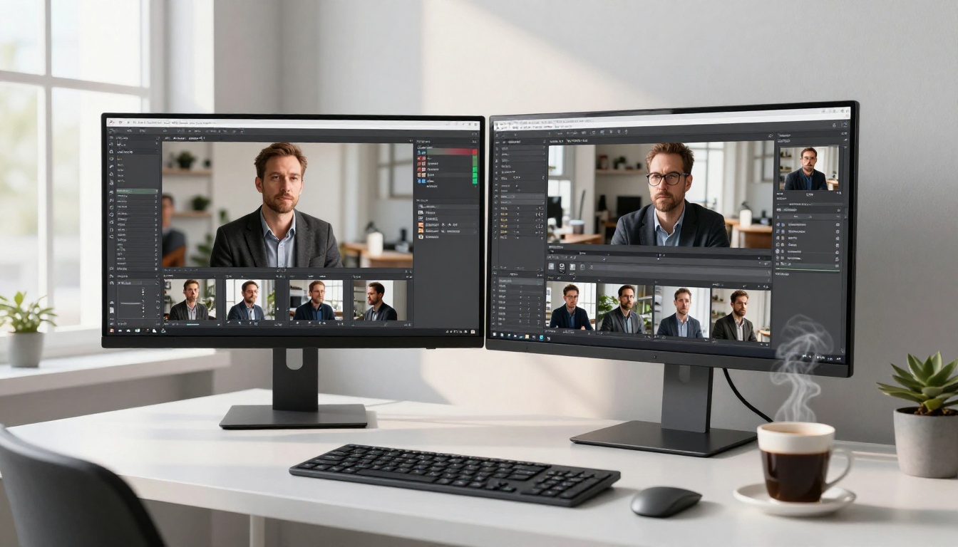 A graphic designer reviewing AI image editing comparisons on dual monitors in a warm-lit professional workspace