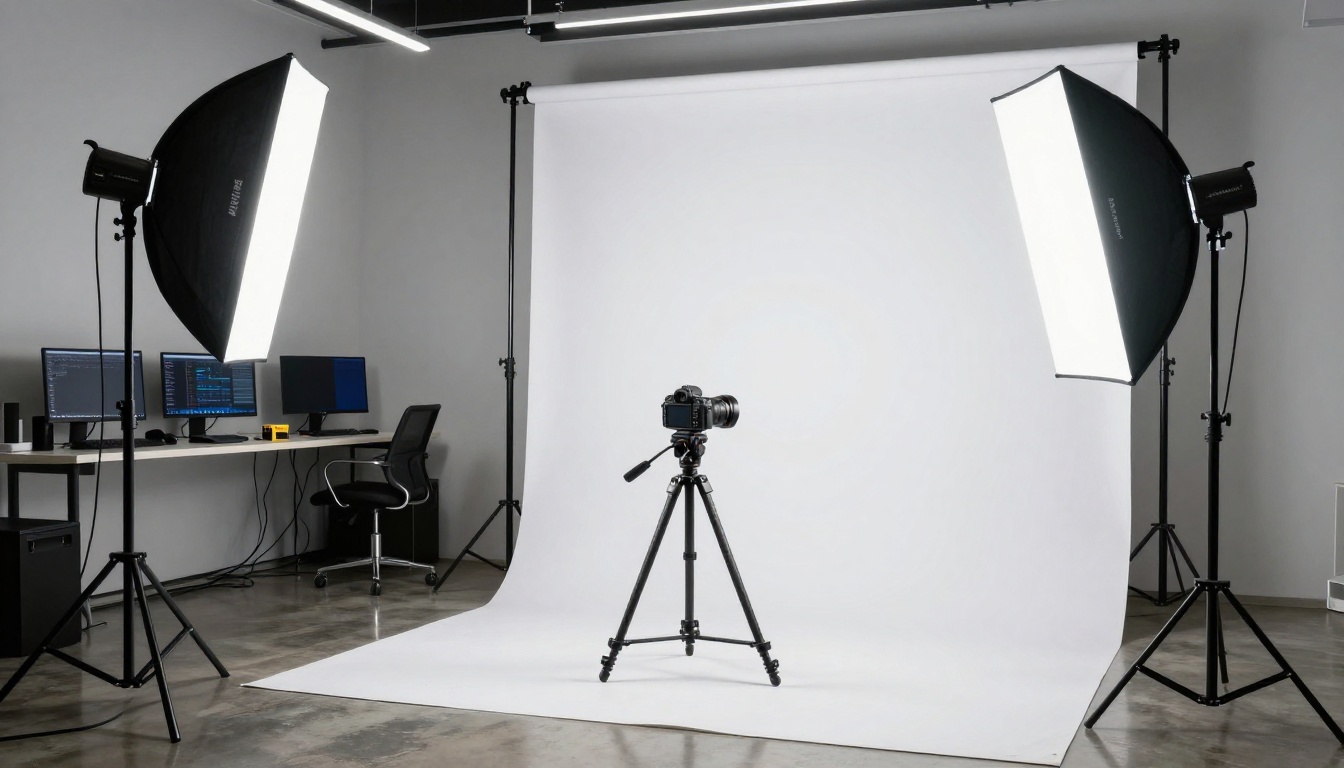A professional photography studio interior with softbox lights on tripods and a DSLR camera on a tripod