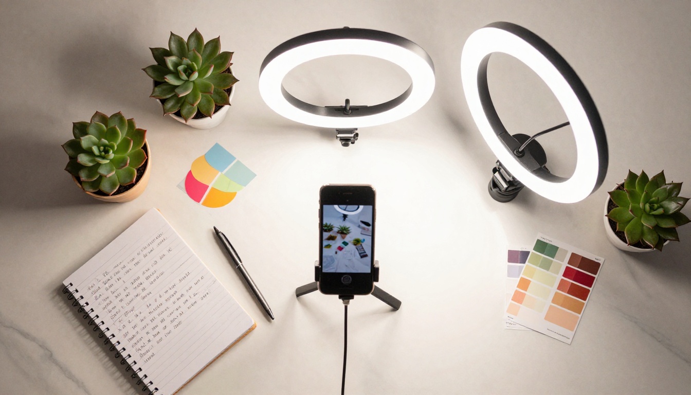 Overhead flat-lay of a content creator's workspace with products, succulents, and a smartphone on a mini tripod