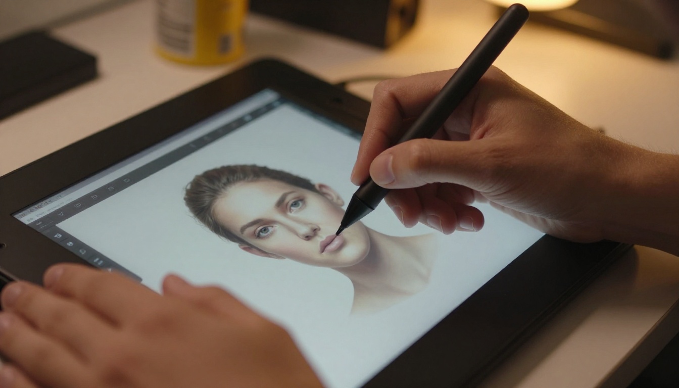 Close-up of a graphic tablet with stylus showing portrait retouching on a glowing screen in a studio
