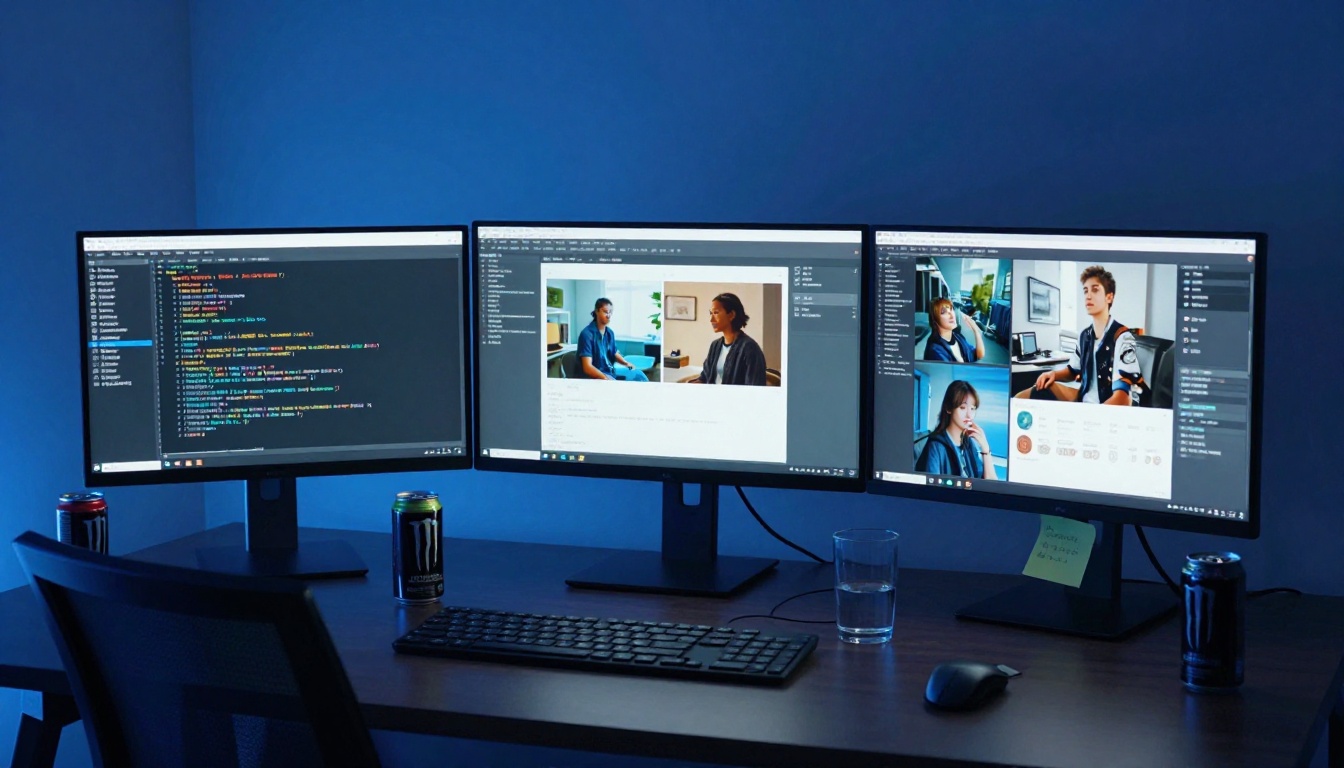 A late-night creative session at a developer's desk with multiple monitors glowing blue in a dark room