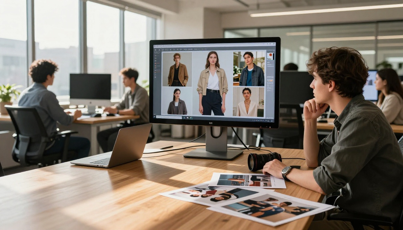 A creative agency team gathered around a large monitor reviewing AI-generated photo comparisons
