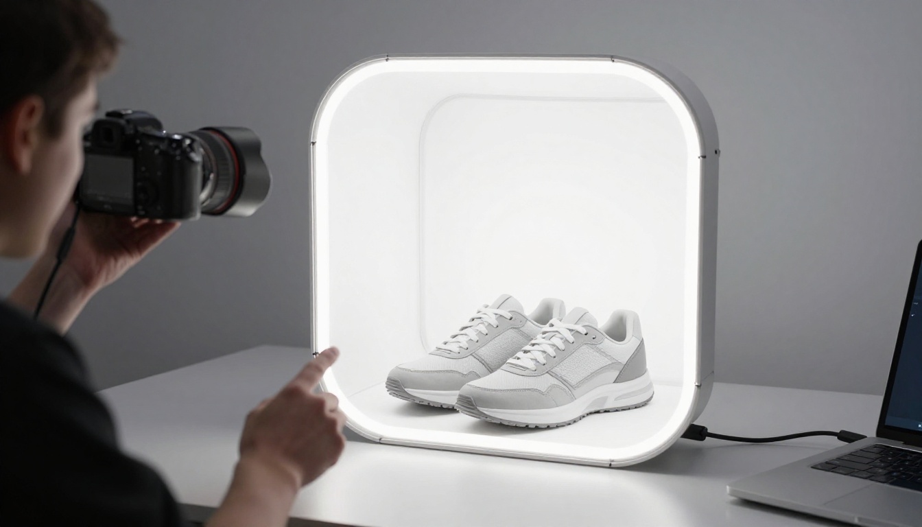 E-commerce product photography setup with a white lightbox tent and luxury sneakers arranged for shooting