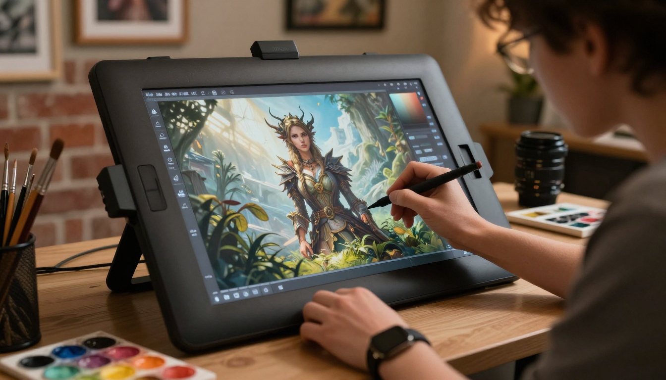 A digital artist working on a Wacom Cintiq monitor-tablet in a natural-light studio with framed prints on brick walls