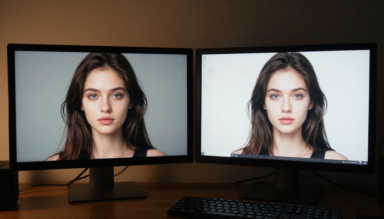 Dual monitor comparison showing AI image quality differences Dual monitor comparison showing AI image quality differences