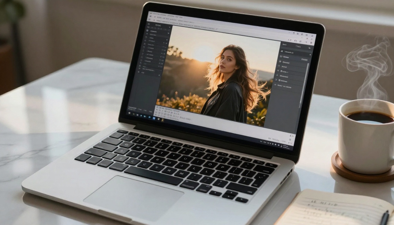 AI image generator interface showing glamour results on laptop screen
